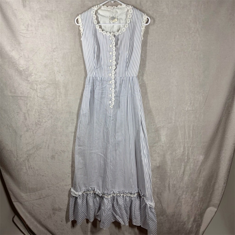 Vintage 1970s Alice of California Prairie Maxi Dress Size XS Stripe Lace Cottage